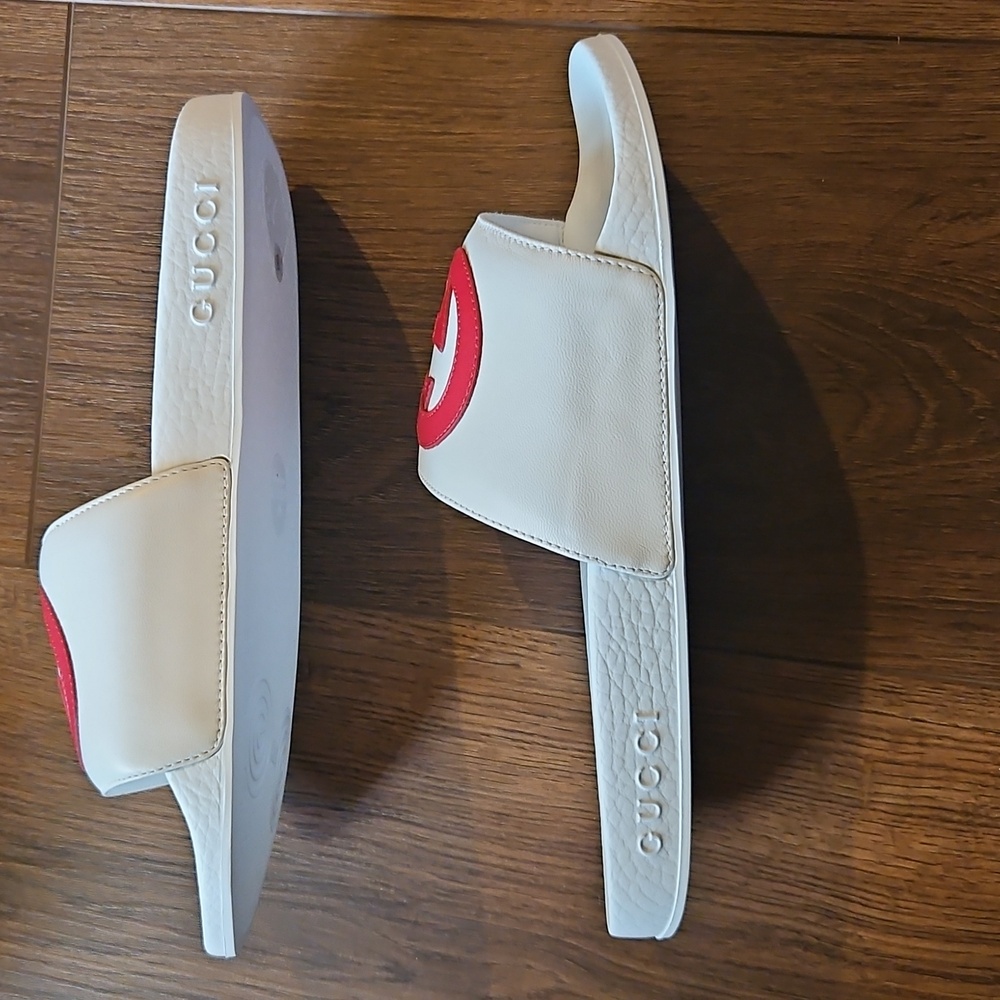 GUCCI INTERLOCKING G LEATHER SLIDES WHITE SIZE EU 38 - Picture 14 of 16